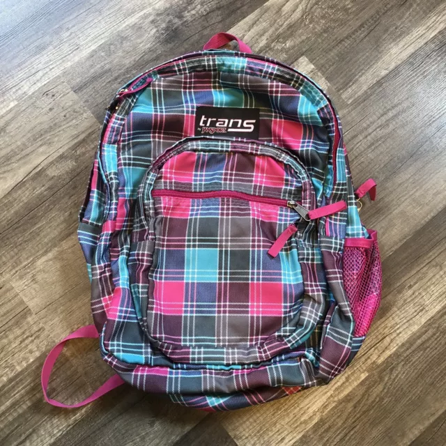 Trans by Jansport Pink Blue Plaid Backpack School Book Bag 4 Zipper Pockets TM60