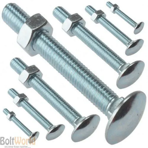 M10 (10mm) COACH CUP SQUARE CARRIAGE BOLTS SCREWS WITH HEXAGON FULL NUTS ZINC