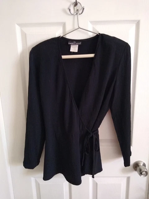 Vintage Carole Little Black Wrap Blouse Top Crinkle Fabric Rayon Size 4