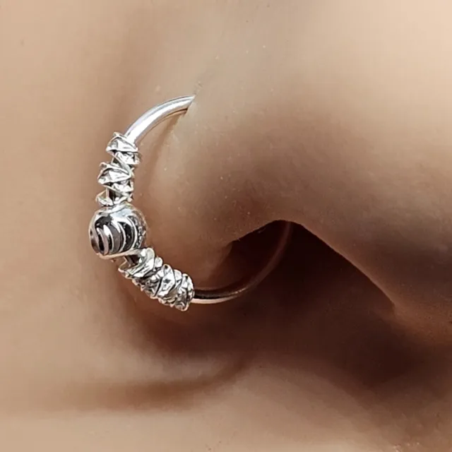 Nose Ring Ribbed Ball & Cross Beads 8mm 20g (0.8mm) 925 Silver Body Jewellery