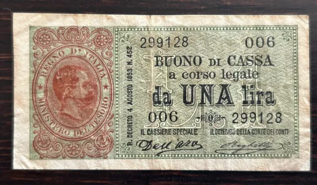 Buono Di Cassa Una 1 Lira 15/09/1893 Regno-Umberto I .BB.R2.