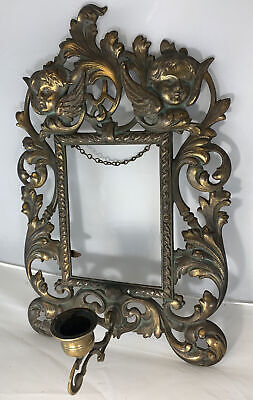 Antique Circa 1800 Cast Iron Frame Mirror Frame Candle Holder Cherubs