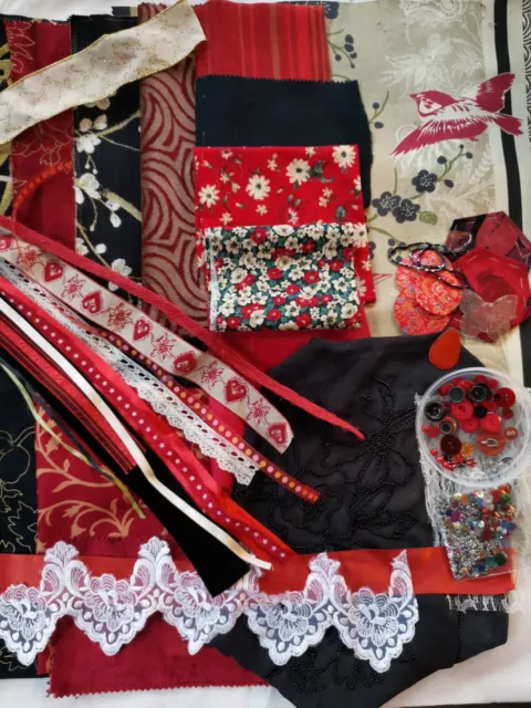 Large Red and Black "Oriental"  Slow Stitch Kit /Journal Sew Mixed Scrap Bag