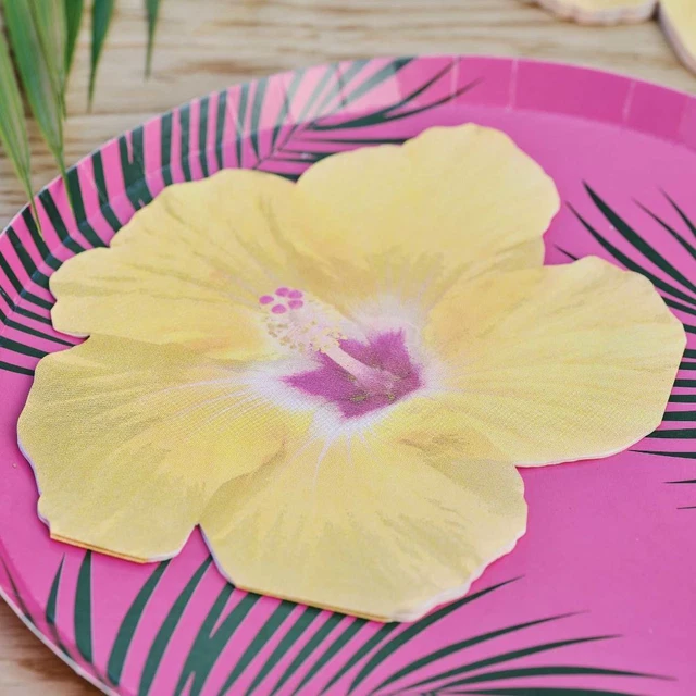 Hawaiian Tiki Flower Napkins | Yellow Tropical Party Floral BBQ Tableware x 16