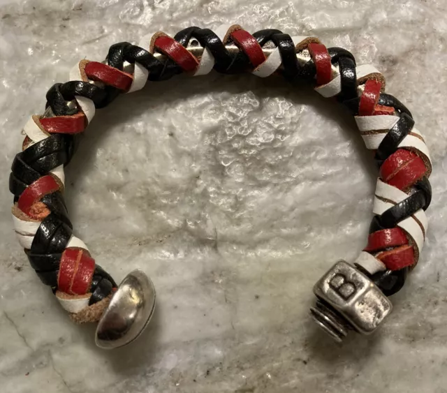 Giles & Brother Nut Bolt Cuff Bracelet Leather Lashing Red Black White Silver