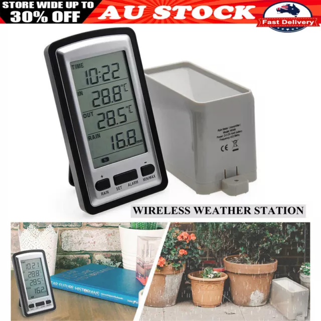 Wireless Weather Station Thermometer LCD Digital Alarm Clock Rain Gauge Meter AU