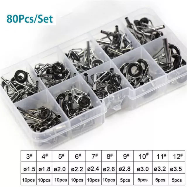 80PCS Fishing Rod Guide Rings Tips Set Top Eye Rings Line Repair Kit 10 Sizes