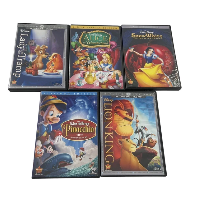 Lot of 5 Disney DVD Snow White Pinocchio Lion King Lady And Tramp Alice Wonder