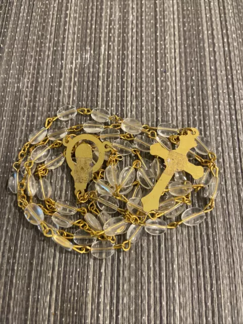 Lady Of Lourdes Rosary Gold Tone Clear Beads Crucifix Necklace - New 3