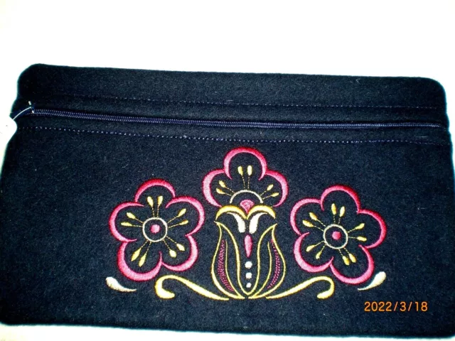 Dance Regalia Bag, Navy Blue Trade Wool, Fully Lined, Embroidered Flowers