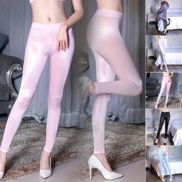 Sexy Lady See Through Silky Long Pants Sheer Nylon Trouser Smooth Shiny  Leggings
