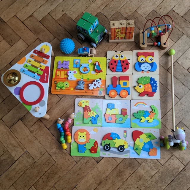 WOODEN BABY TODDLER Toy Bundle, Puzzles Blocks etc. Sensory