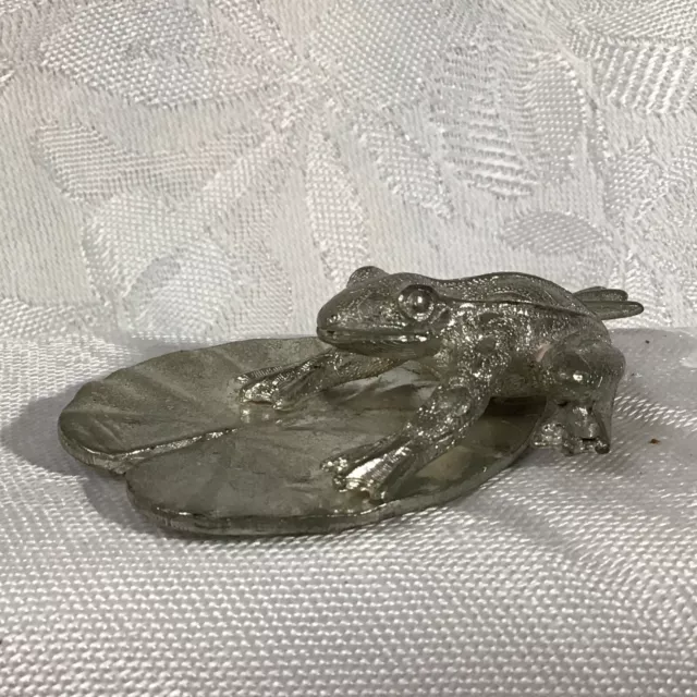 Vintage Miniature Silver Coloured Metal Figure of a Frog On a Lily Pad