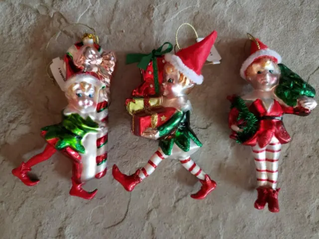 NWT Sullivan Santas Elves ELF Set 3 -  6" Hand Painted Glass Christmas Ornaments