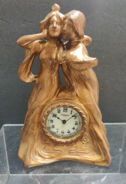 Antique Art Nouveau Cast Ladies Clock, Key, Face Plate Glows, New Haven Conn.