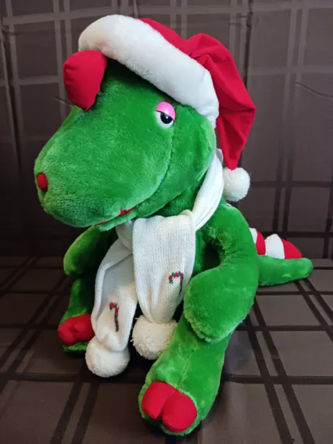 1986 Vintage Commonwealth Christmas Green Dinosaur Plush Stuffed Animal 15" EC