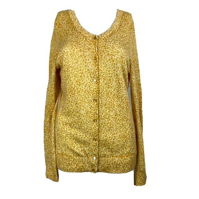 Talbots Womens Yellow Leopard Print Cotton Rabbit Hair Button Up Cardigan Sz PM