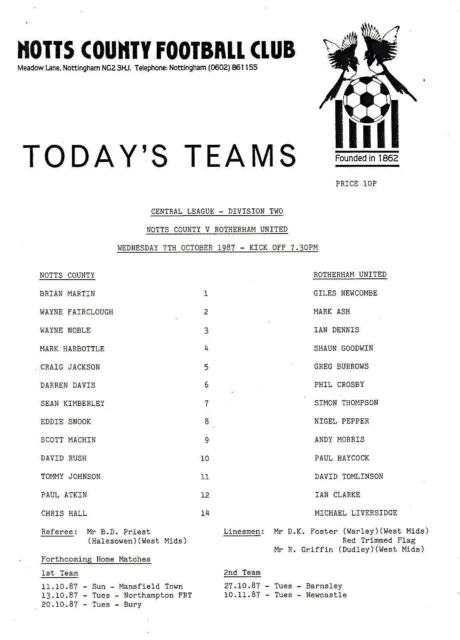 Teamsheet - Notts County Reserves v Rotherham United Reserves 1987/8