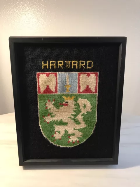Vintage Embroidered Needlepoint Framed Wall Art Picture Coat of Arms Black 2