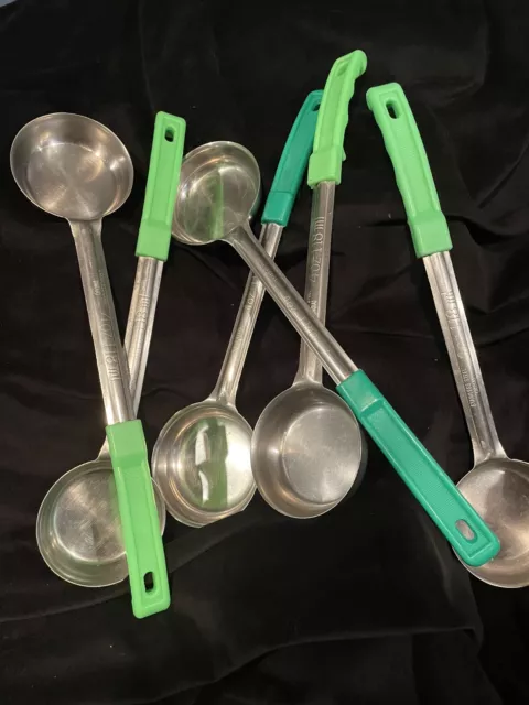 6- Stainless steel - 4 oz Green Solid Portion Spoon. Slightly Used. Lot Of 6