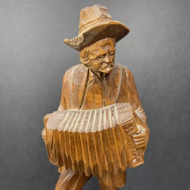 1960s Hand-Carved Solid Wood Carving Man With Accordion By Paul-Emile Caron