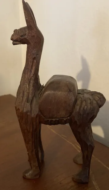 Small Llama Figure Wood Hand Carved Alpaca Art Sculpture 6” Wooden Animal