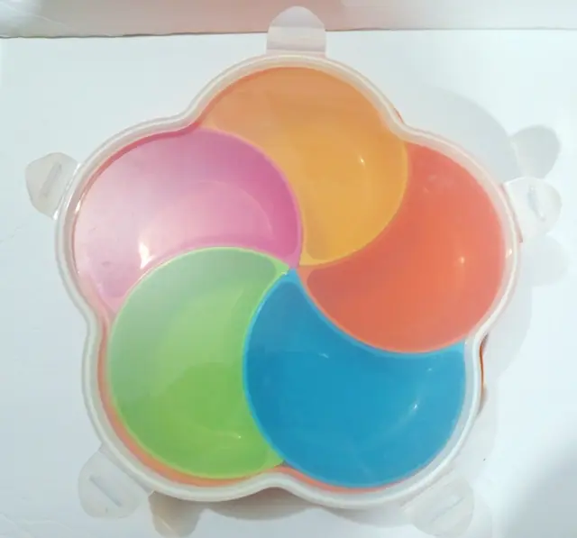 Scallop-Shape Snack Server w/ 5 Half-Moon Removable Bowls, Snap Lid, All Plastic