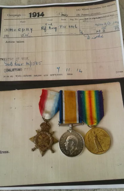 WW1 Medal Trio 1914  Star, British War.+  Victory Medal World War One Murphy