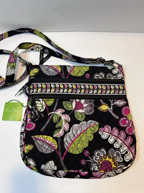 Vera Bradley Moon Blooms Triple Zip Hipster Crossbody Bag Black Floral Print NWT
