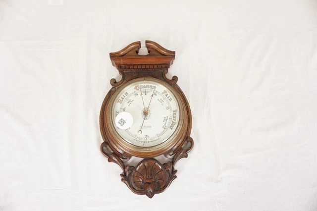 Victorian Walnut Carved Wall Aneroid Barometer G.C. Bateman Scotland 1880, H1037