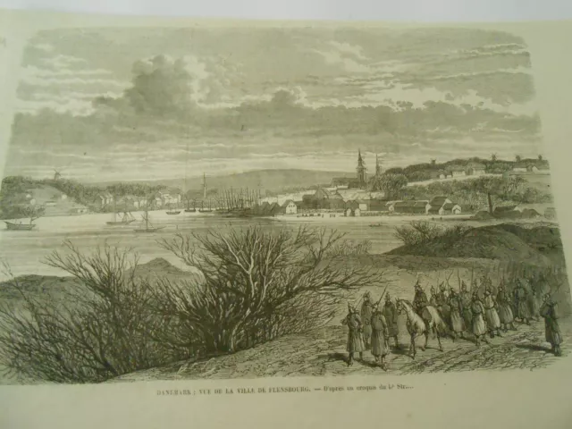 Gravure 1864 - Danemark vue de la ville de Flensbourg