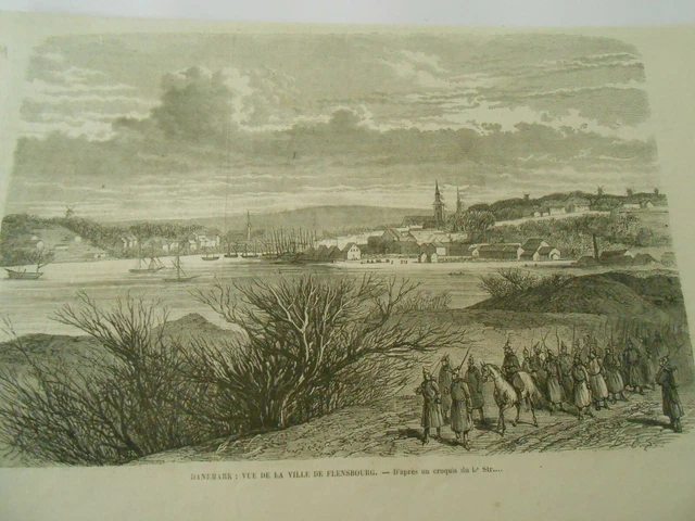 Gravure 1864 - Danemark vue de la ville de Flensbourg