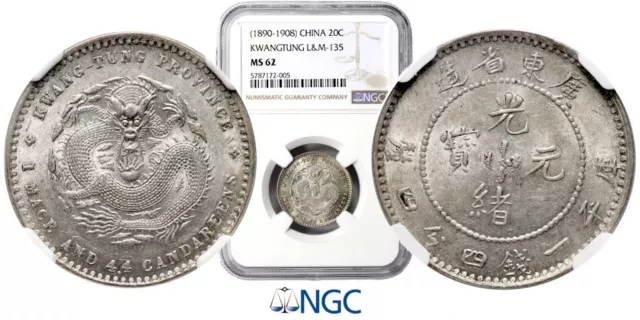 ★NGC★ CHINA, Kwangtung Guangxu 1 Mace 4.4 Candareens (20 Cents), ND (1890-1908)