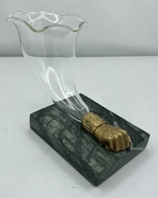 Made in England CORNUCOPIA GLASS Vase with Brass Hand on Stone Base