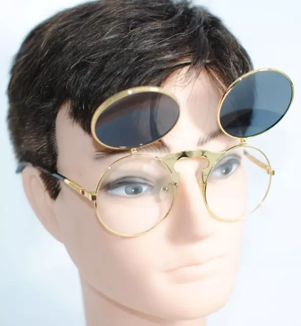 Vintage Flip Up Steam Punk Round Gold Tone Metal Plastic Sunglasses Unisex