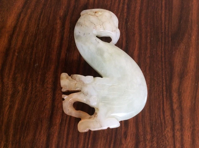 Superb Chinese Celadon & Russet Jade Phoenix & Dragon Figure / Scroll Weight