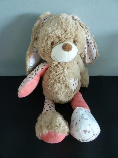 J9 - Doudou Peluche Lapin Beige Rose Blanc Coeur Brode Pois Maison 35 Cms Ttbe