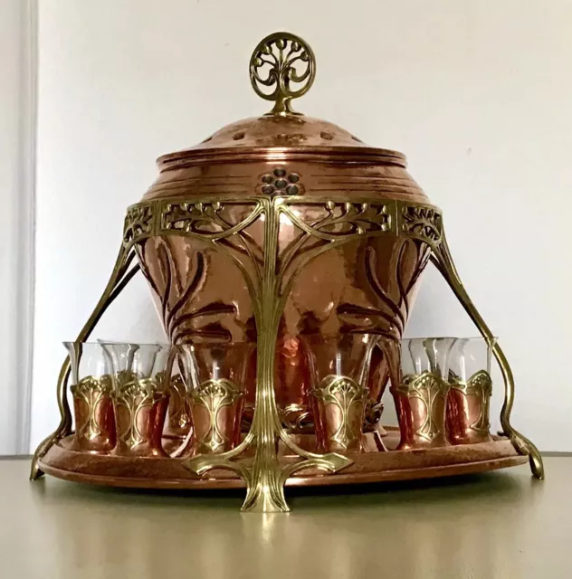 Antik Rarität WMF Bowle Set Ständer  Topf 11 Becher Jugendstil Kupfer Messing 2