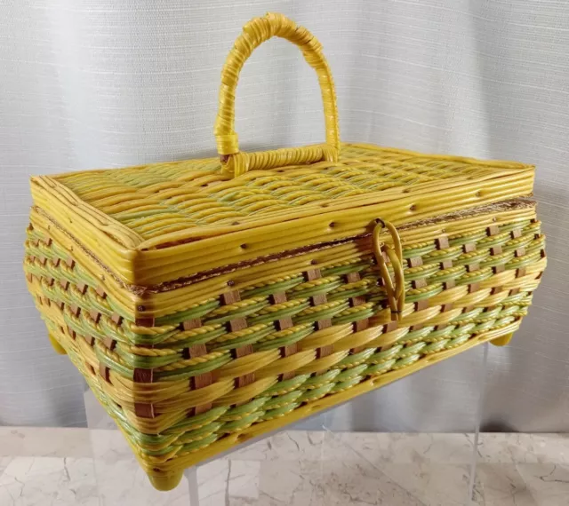 Sewing Basket Vtg Taiwan Footed Pin Cushion Gingham Yellow Green Plastic Wicker