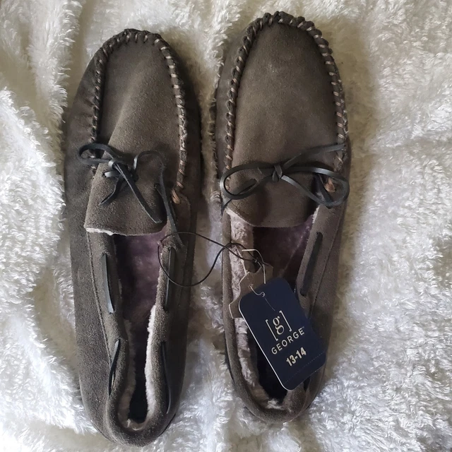 NEW GEORGE MENS Black Genuine Leather Faux Fur Lined Scuff