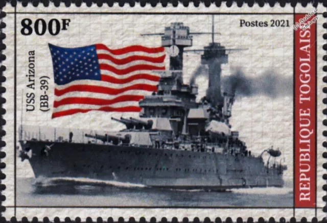 WWII 1941 PEARL HARBOR USS ARIZONA (BB-39) Battleship Warship Stamp (2021 Togo)