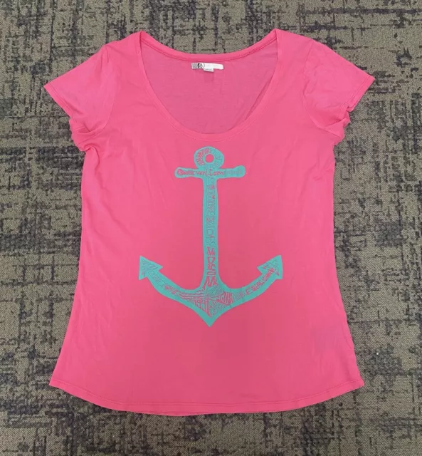 Volcom Women’s Hot Pink Teal Anchor Graphic T Shirt Size Medium M Cute!