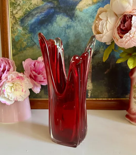 Stunning Vintage Mid-Century Red & Clear Art Glass Tall Finger Vase
