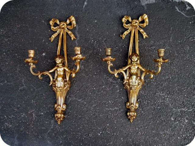 Vintage Wall Double Candle Holder Pair Cherub & Ribbon Wall Sconces