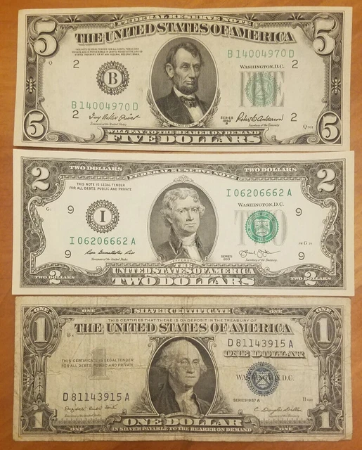 3 Note Lot: Blue Seal, Fancy Serial Number trinary, Silver Certificate - Vintage