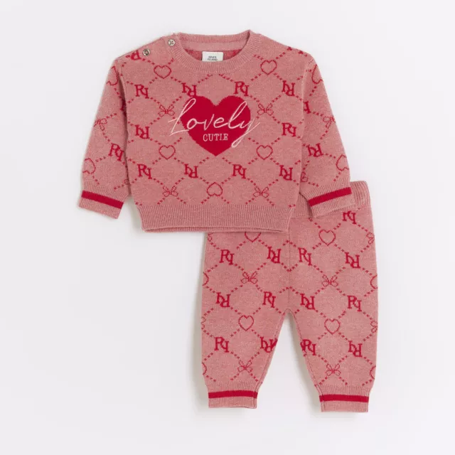 River Island Baby Girls Jumper Set Pink Ri Monogram Knit 2 Piece Outfit