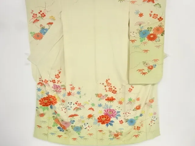 84983# Japanese Kimono / Antique Furisode / Shochikubai With Kiku & Peony