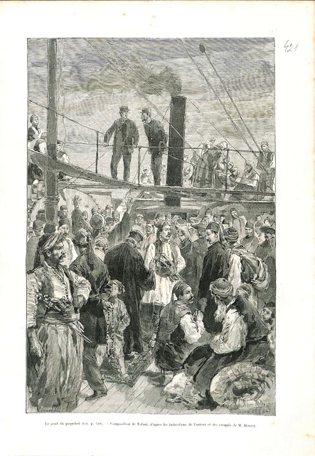 Le pont du paquebot les îles Sporades mer Égée en Thessalie Grèce GRAVURE 1887