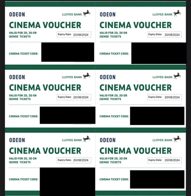 6 x Club Lloyds Odeon Cinema Tickets for iSense 2D 3D Films - Expiry 20/08/2024