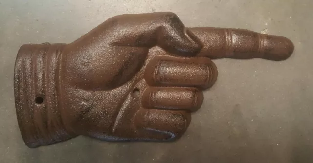 Pointing Hand Sign Plaque made of cast iron metal with rustic brown finish